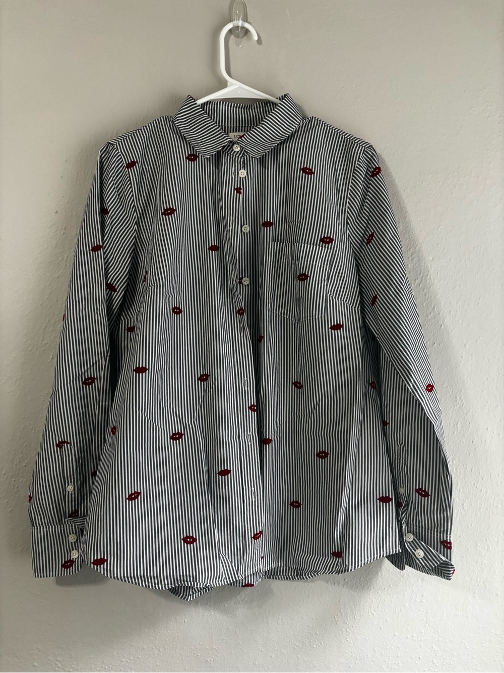 Women’s Blue & White Striped Button-Down Shirt with Red Lip Print